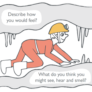Activity Trail Illustration of someone crawling through a cave wearing a yellow helmet and red caving suit.