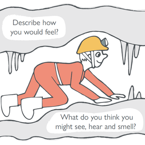 Illustration of someone crawling through a cave wearing a yellow helmet and red caving suit.